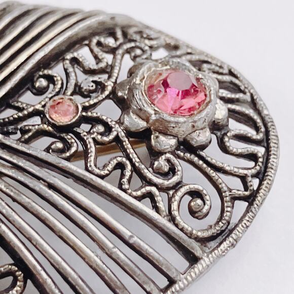 Antique Edwardian Uranium Glass Brooch Filigree 1910s Art Deco Transition VTG - Picture 6 of 10